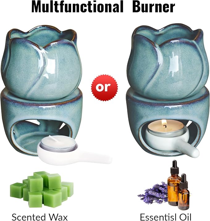 Uses: VibraMist Eternal Bloom illustrated with scented wax melts and essential oil bottles, showing its bowl and handled tealight holder.