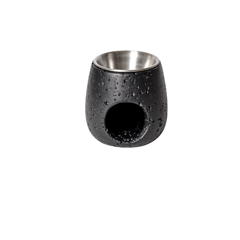 VibraMist Ember Vessel cement fragrance warmer in black, with a textured finish, silver-tone bowl, and round tealight opening.