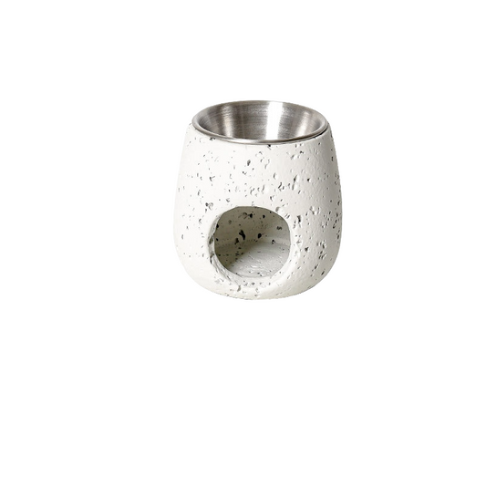VibraMist Ember Vessel cement fragrance warmer in white, with a textured finish, silver-tone bowl, and round tealight opening.