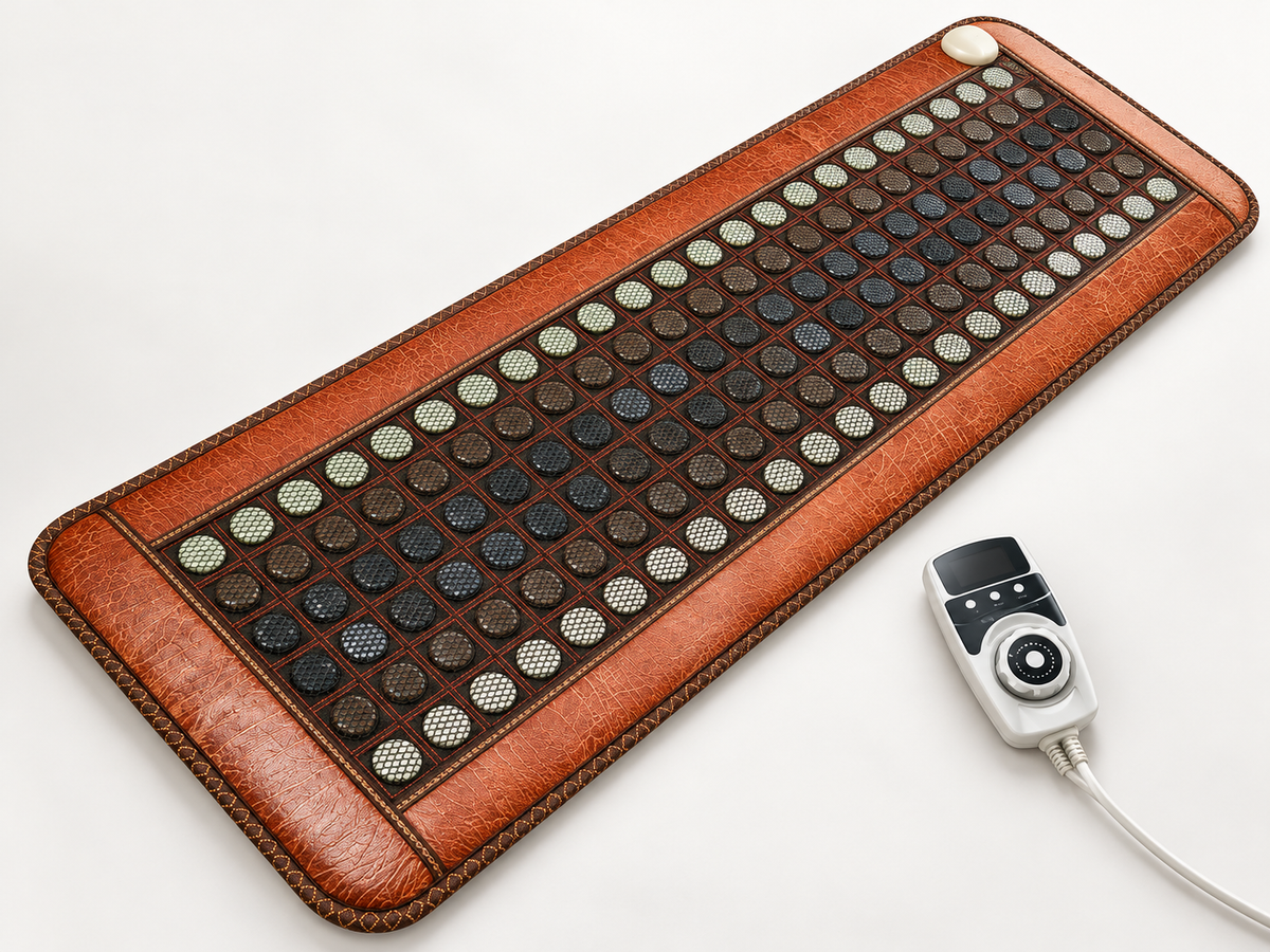 Angled view: VibraMist Jade Healing Mat shown at an angle, with rows of circular stone discs, a rust-colored border, and wired controller.