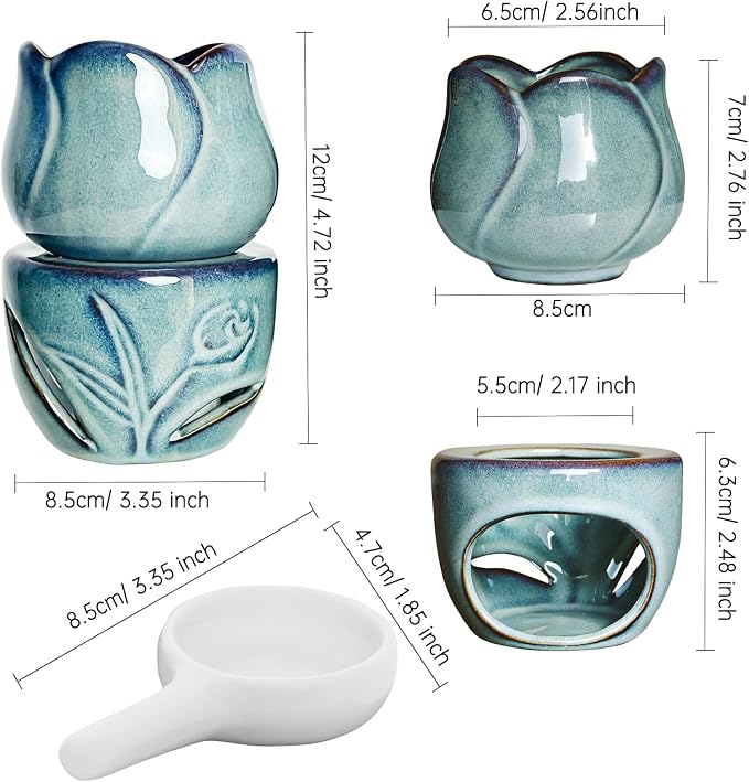 Dimensions: VibraMist Eternal Bloom dimensions diagram: assembled warmer measures 12 cm tall and 8.5 cm wide; separate bowl, base, and tealight holder shown.
