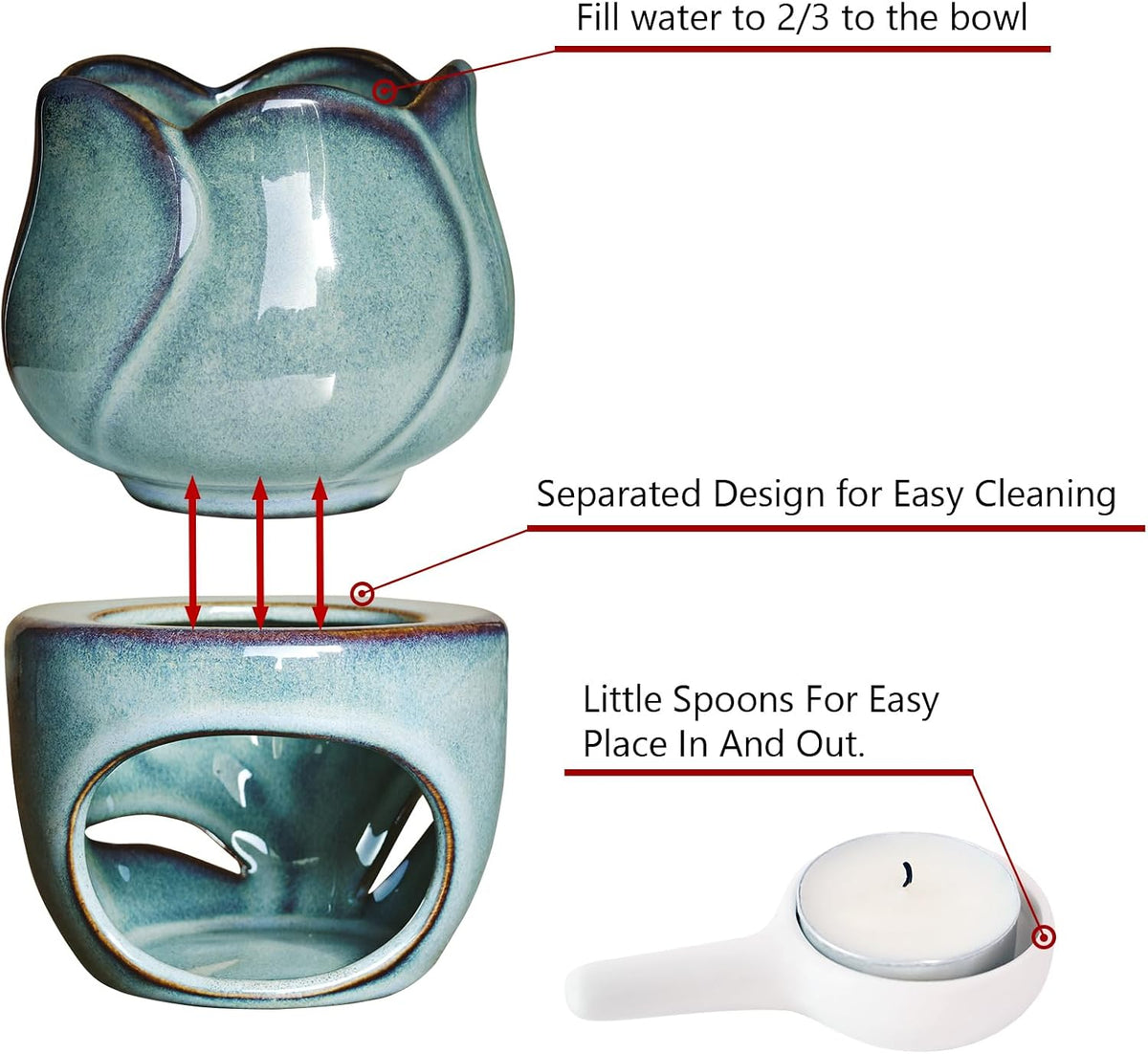 Usage instructions: VibraMist Eternal Bloom diagram showing a detachable bowl, a two-thirds water fill instruction, and a handled holder for inserting the tea light.