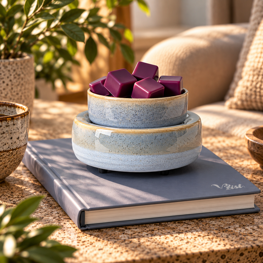 VibraMist River Stone fragrance warmer in speckled blue-gray glaze, holding purple wax melts on a book in a sunlit living room.
