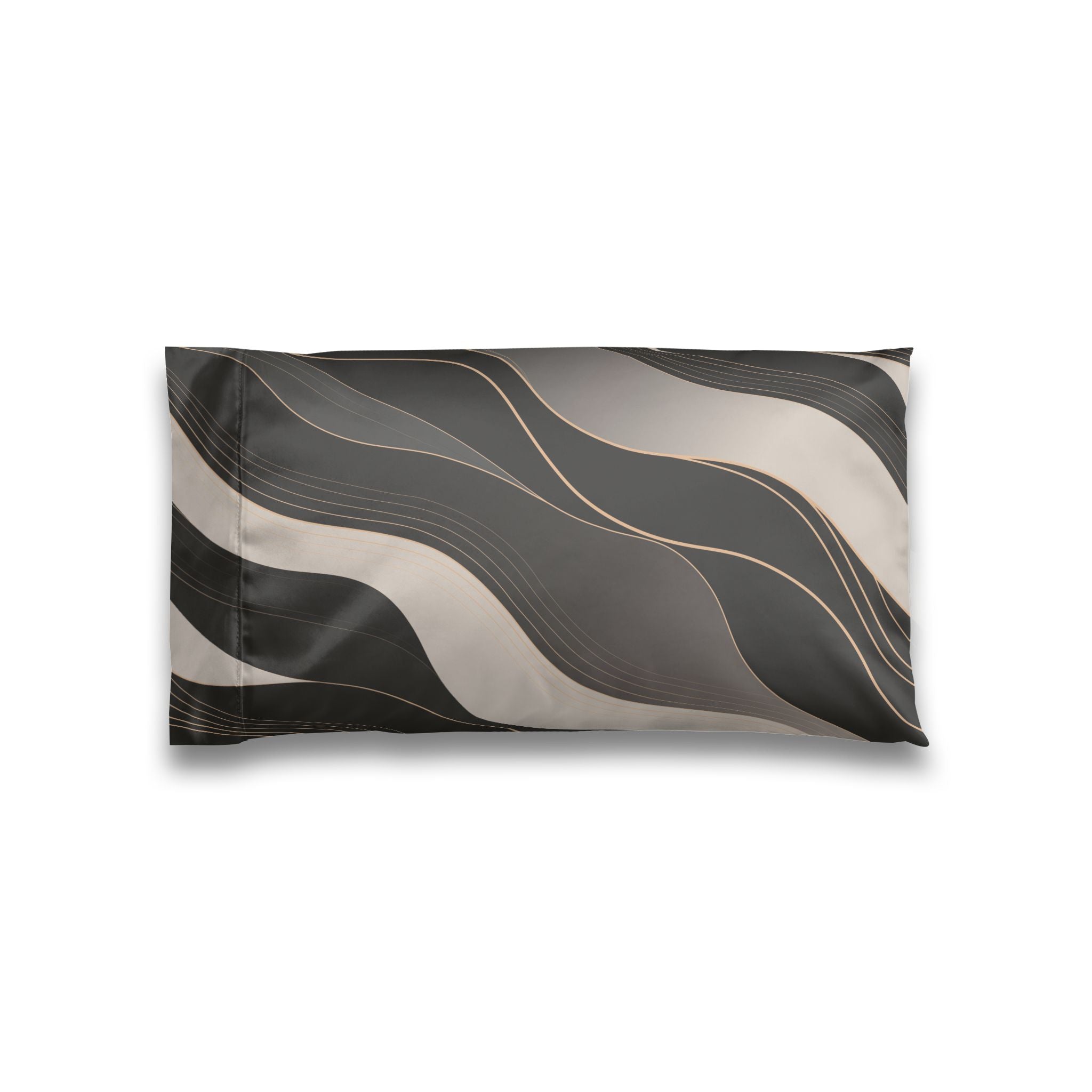 A rectangular pillow sham featuring a modern abstract design of wavy, flowing stripes in black, charcoal gray, and warm beige, accented by thin gold lines, shown on a plain white background.
