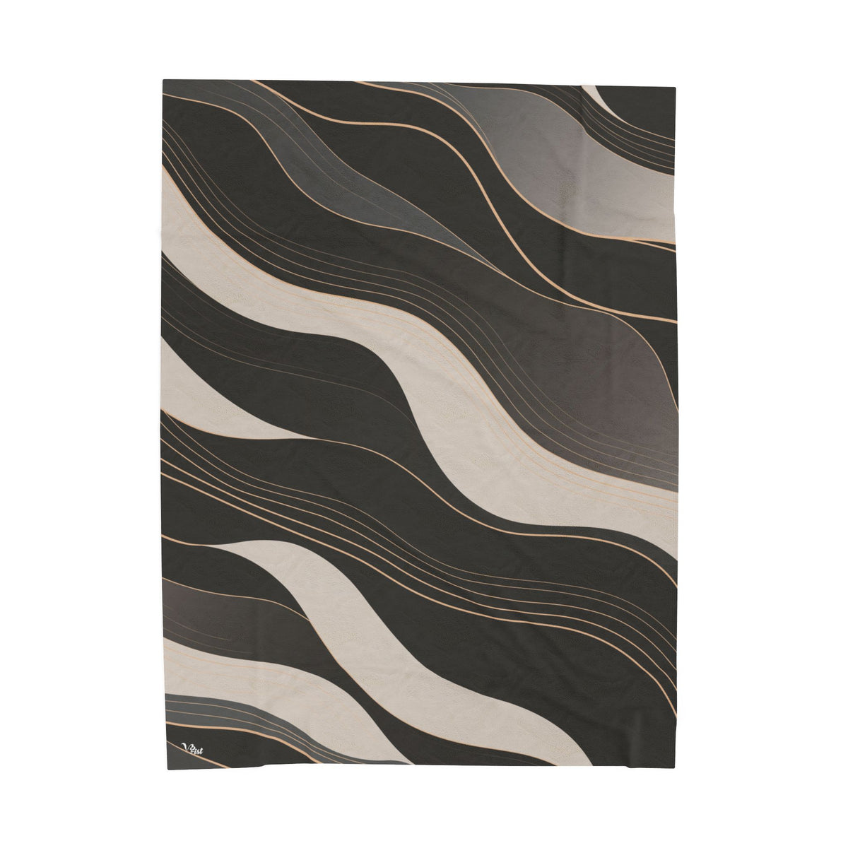 A blanket featuring VibraMist's Driftwood pattern in black, gray, and beige with thin gold lines, shown flat against a white background.