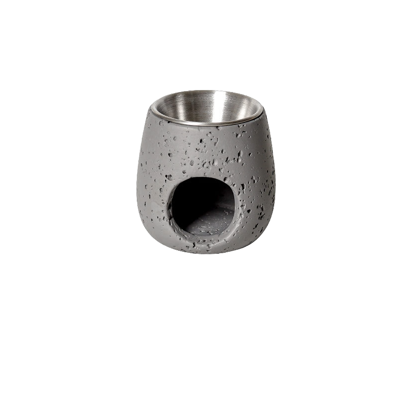 VibraMist Ember Vessel cement fragrance warmer in gray, with a textured finish, silver-tone bowl, and round tealight opening.