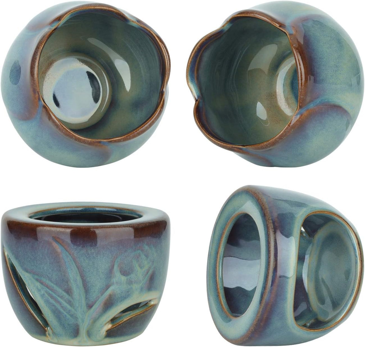 Detail views of the VibraMist Eternal Bloom warmer’s detachable flower-shaped bowl and leaf-patterned base in glossy blue-green glaze.
