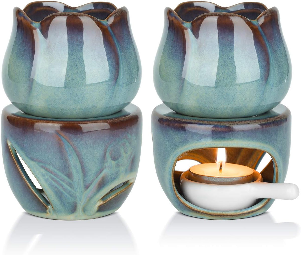 Front and back views of the VibraMist Eternal Bloom fragrance warmer, showing its blue-green flower-shaped bowl, leaf details, and lit tealight.