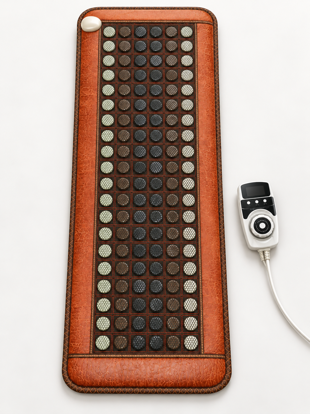 Overhead view: Overhead view of the VibraMist Jade Healing Mat, showing its full-length shape, circular stone discs, and wired controller.