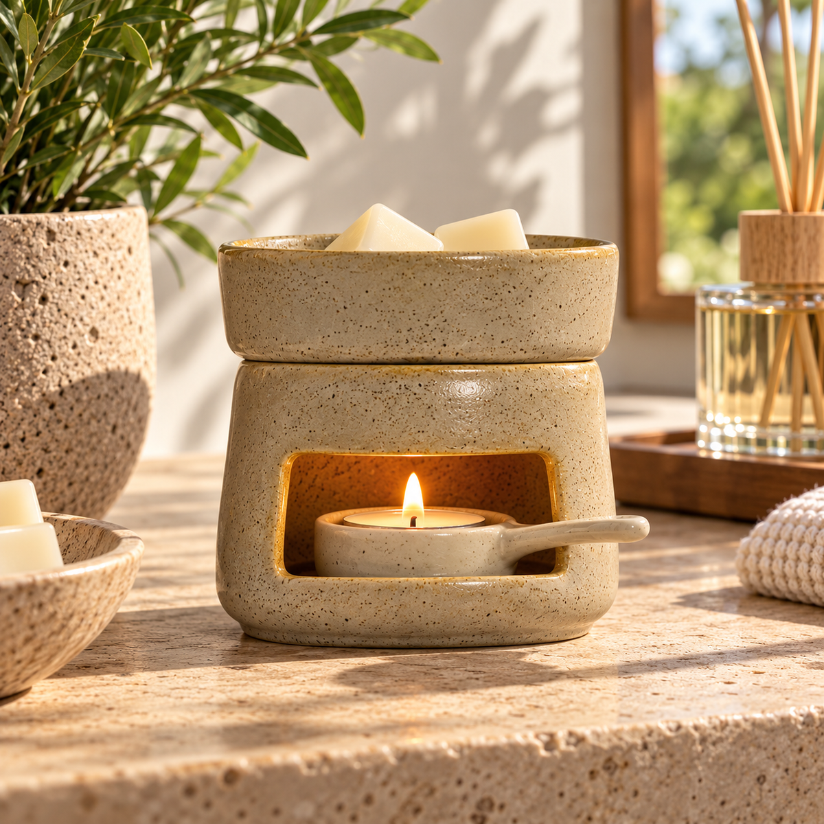 A speckled beige ceramic candle warmer with a lit tea light candle inside, styled on a stone countertop with a potted plant and reed diffuser in the background.
