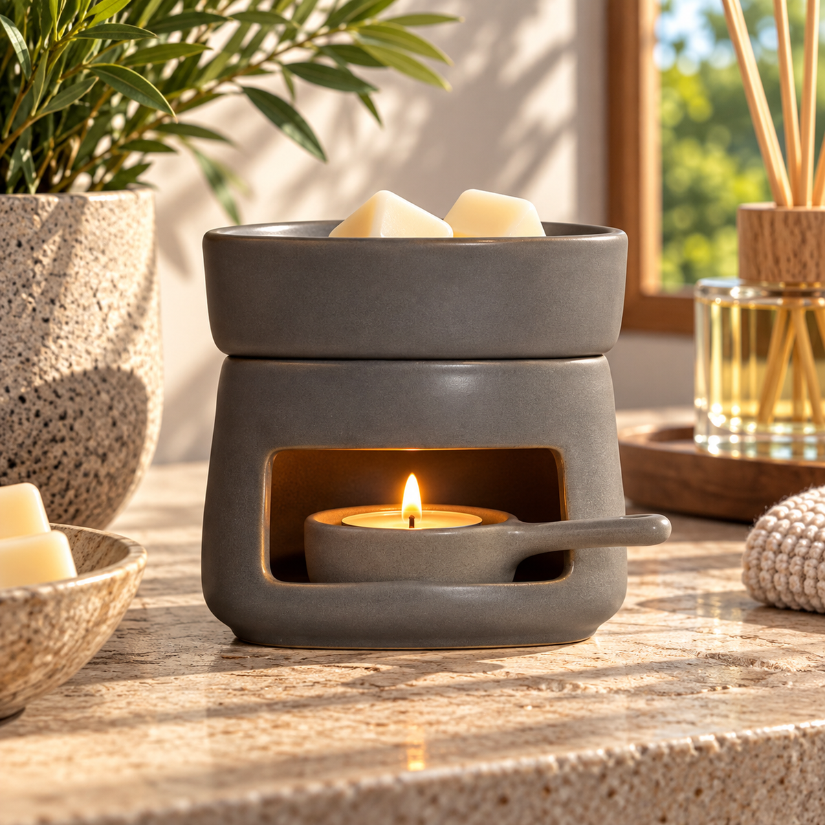 A matte gray wax warmer with a lit tea light candle inside, set on a stone countertop in a warm, styled interior with plants and a reed diffuser in the background.