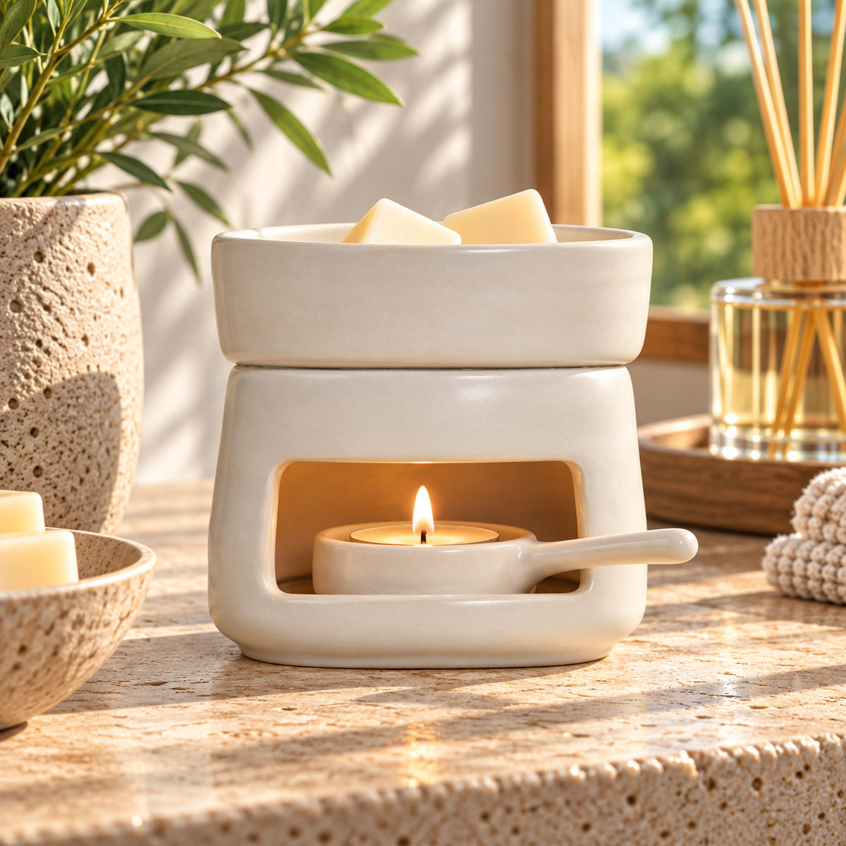 A ceramic wax warmer with a small tea light candle burning inside, set on a stone countertop in a warm, sunlit room with plants and a reed diffuser nearby.