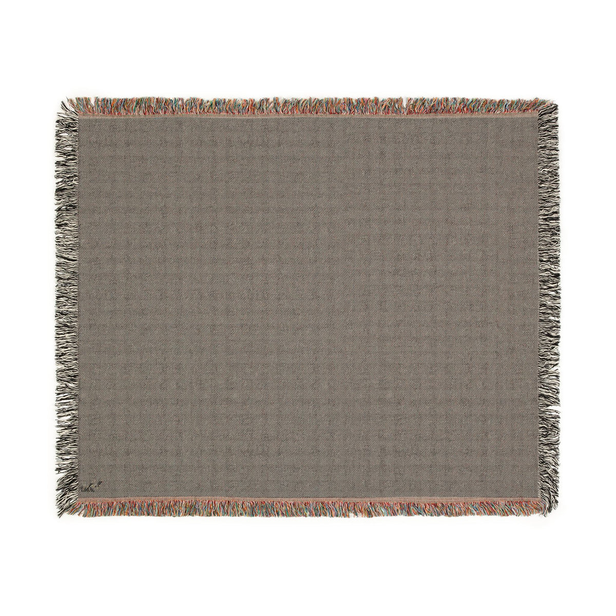 A square woven throw blanket in a taupe-gray color with multicolor fringe along all four edges, shown flat against a solid white background.