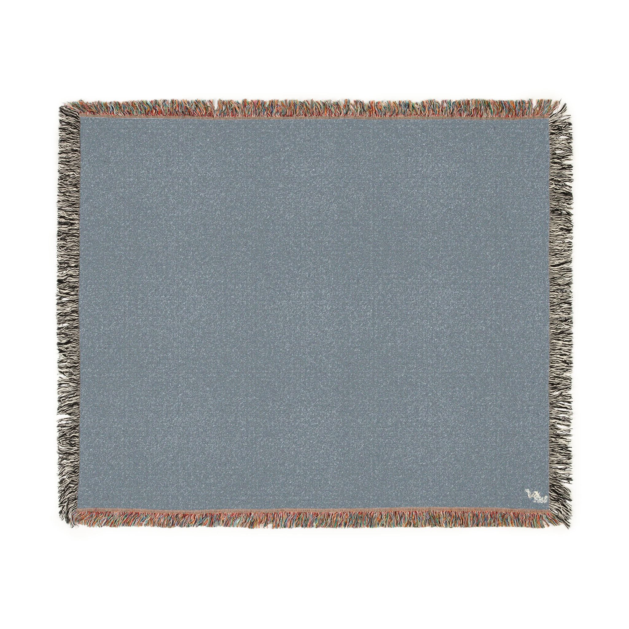 A square woven throw blanket in a slate blue-gray color, featuring fringed edges with a mix of gray, rust, and white threads, shown flat against a white background.