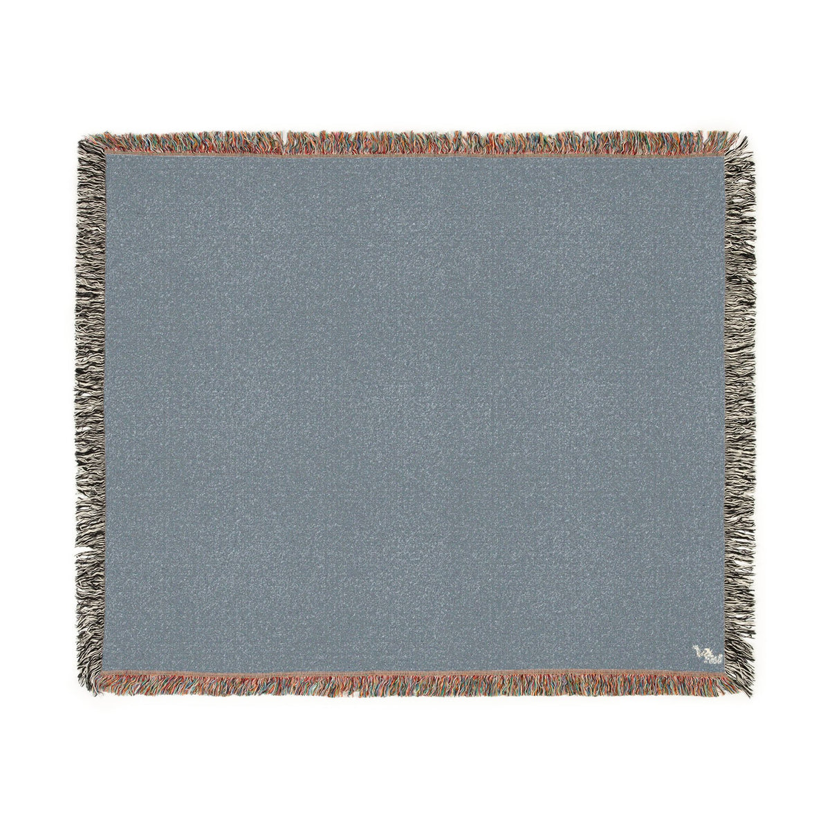 A square woven throw blanket in a slate blue-gray color, featuring fringed edges with a mix of gray, rust, and white threads, shown flat against a white background.