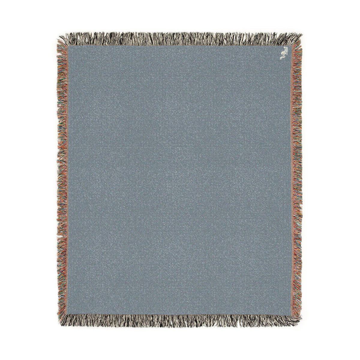 A square woven throw blanket in a muted slate blue-gray color, featuring fringed edges with a mix of brown, beige, and gray threads, shown flat against a white background.
